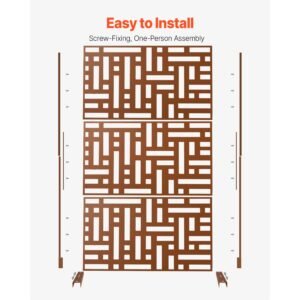metal privacy screen, 47" w x 76" h, outdoor privacy screens 3 panel, freestanding outdoor divider with stand, decorative garden steel privacy fence for balcony patio indoor room hot tub brown
