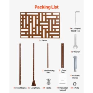 metal privacy screen, 47" w x 76" h, outdoor privacy screens 3 panel, freestanding outdoor divider with stand, decorative garden steel privacy fence for balcony patio indoor room hot tub brown