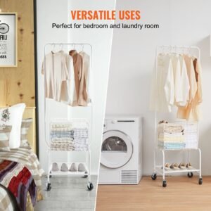 metal rolling laundry basket with hanging garment rack, height adjustment laundry hamper cart with basket load and shelf load, storage organizer with heavy duty lockable wheels