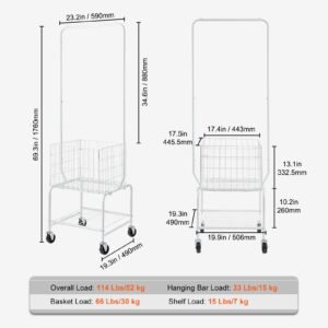 metal rolling laundry basket with hanging garment rack, height adjustment laundry hamper cart with basket load and shelf load, storage organizer with heavy duty lockable wheels