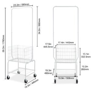 metal rolling laundry basket with hanging garment rack, height adjustment laundry hamper cart with basket load and shelf load, storage organizer with heavy duty lockable wheels