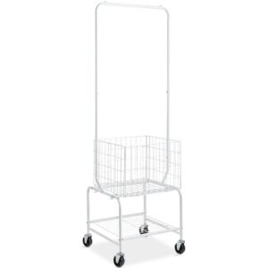 Metal Rolling Laundry Basket with Hanging Garment Rack, Height Adjustment Laundry Hamper Cart with Basket Load and Shelf Load, Storage Organizer with Heavy Duty Lockable Wheels
