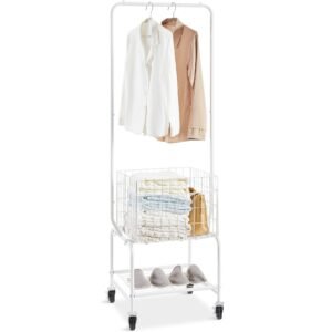 metal rolling laundry basket with hanging garment rack, height adjustment laundry hamper cart with basket load and shelf load, storage organizer with heavy duty lockable wheels