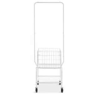 metal rolling laundry basket with hanging garment rack, height adjustment laundry hamper cart with basket load and shelf load, storage organizer with heavy duty lockable wheels