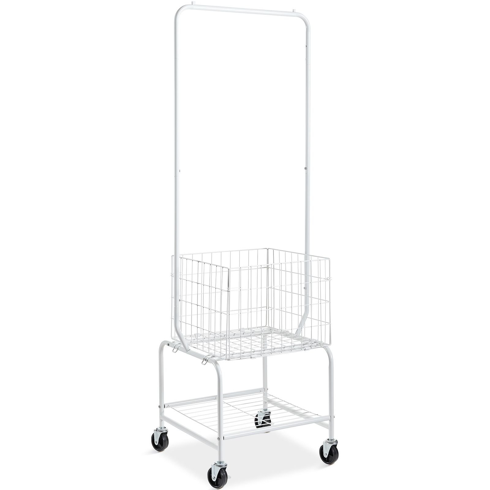 metal rolling laundry basket with hanging garment rack, height adjustment laundry hamper cart with basket load and shelf load, storage organizer with heavy duty lockable wheels
