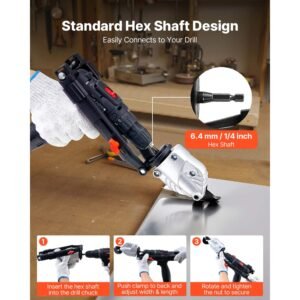 metal shear/cutter drill attachment, sheet metal cutter with 360 degree pivoting head, sharp blades,ideal for 18 ga galvanized steel, 20 ga stainless steel, aluminum plate, plastic, cardboard