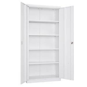Metal Storage Cabinet, 68.9 in Lockable Steel Garage Cabinet with 4 Adjustable Shelves, 2 Magnetic Doors, 2 Keys, 5 Tiers Tool Storage for Pantry, Warehouse, Basement, Laundry, Office, White