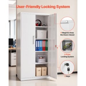 metal storage cabinet, 68.9 in lockable steel garage cabinet with 4 adjustable shelves, 2 magnetic doors, 2 keys, 5 tiers tool storage for pantry, warehouse, basement, laundry, office, white