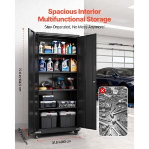 metal storage cabinet, 72.6 in rolling steel garage cabinet with 4 adjustable shelves, 2 magnetic doors & 2 keys, 5 tiers lockable tool storage for pantry, warehouse, basement, office, black