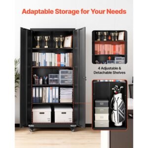 metal storage cabinet, 72.6 in rolling steel garage cabinet with 4 adjustable shelves, 2 magnetic doors & 2 keys, 5 tiers lockable tool storage for pantry, warehouse, basement, office, black