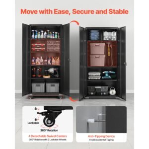 metal storage cabinet, 72.6 in rolling steel garage cabinet with 4 adjustable shelves, 2 magnetic doors & 2 keys, 5 tiers lockable tool storage for pantry, warehouse, basement, office, black