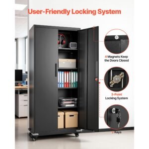 metal storage cabinet, 72.6 in rolling steel garage cabinet with 4 adjustable shelves, 2 magnetic doors & 2 keys, 5 tiers lockable tool storage for pantry, warehouse, basement, office, black
