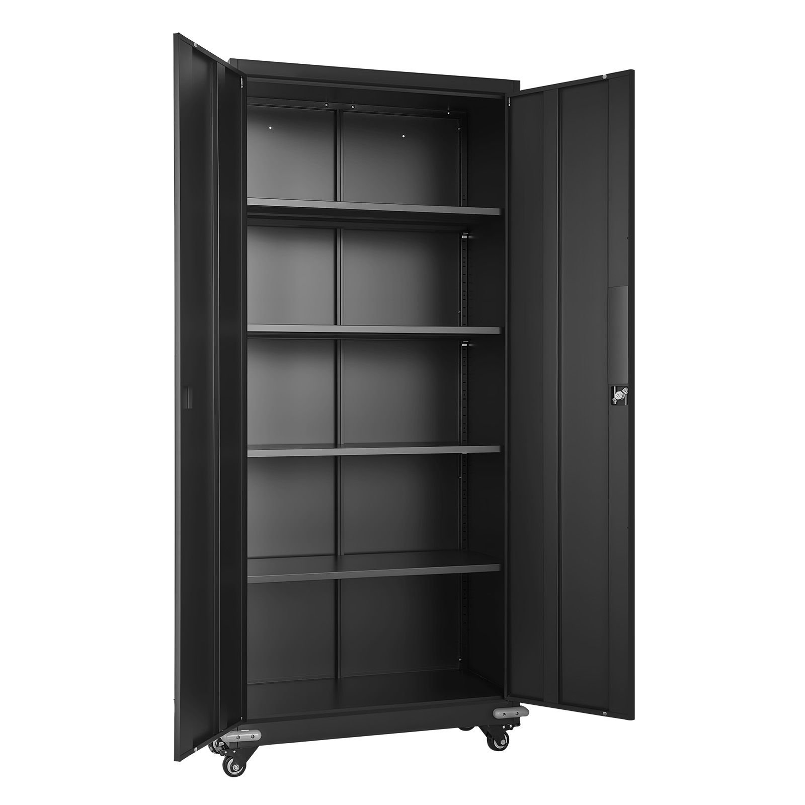 metal storage cabinet, 72.6 in rolling steel garage cabinet with 4 adjustable shelves, 2 magnetic doors & 2 keys, 5 tiers lockable tool storage for pantry, warehouse, basement, office, black