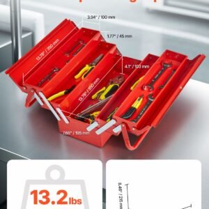 metal tool box, 18 inch, 3 tier 5 tray portable folding tool chest organizer with handle & lock hole, powder coated steel, cantilever toolbox for household factory warehouse repair shop, red