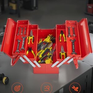 metal tool box, 18 inch, 3 tier 5 tray portable folding tool chest organizer with handle & lock hole, powder coated steel, cantilever toolbox for household factory warehouse repair shop, red