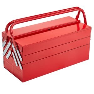 metal tool box, 18 inch, 3 tier 5 tray portable folding tool chest organizer with handle & lock hole, powder coated steel, cantilever toolbox for household factory warehouse repair shop, red