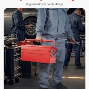 metal tool box, 18 inch, 3 tier 5 tray portable folding tool chest organizer with handle & lock hole, powder coated steel, cantilever toolbox for household factory warehouse repair shop, red