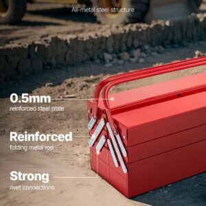 metal tool box, 18 inch, 3 tier 5 tray portable folding tool chest organizer with handle & lock hole, powder coated steel, cantilever toolbox for household factory warehouse repair shop, red