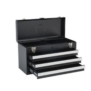metal tool box, 20.5 inch, portable metal tool box with 3 drawers, small tool chest with eva liners, ball bearing slide drawers locking & powder coated finish, multi function tool organizer