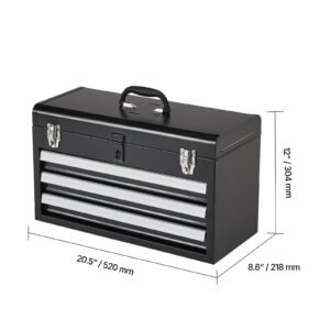 metal tool box, 20.5 inch, portable metal tool box with 3 drawers, small tool chest with eva liners, ball bearing slide drawers locking & powder coated finish, multi function tool organizer