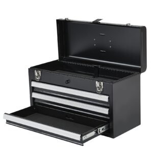 metal tool box, 20.5 inch, portable metal tool box with 3 drawers, small tool chest with eva liners, ball bearing slide drawers locking & powder coated finish, multi function tool organizer