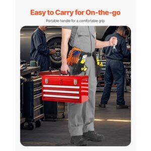 metal tool box, 20.5 inch, portable metal tool box with 3 drawers, small tool chest with eva liners, ball bearing slide drawers locking & powder coated finish, multi function tool organizer, red