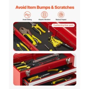 metal tool box, 20.5 inch, portable metal tool box with 3 drawers, small tool chest with eva liners, ball bearing slide drawers locking & powder coated finish, multi function tool organizer, red