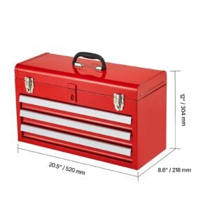metal tool box, 20.5 inch, portable metal tool box with 3 drawers, small tool chest with eva liners, ball bearing slide drawers locking & powder coated finish, multi function tool organizer, red