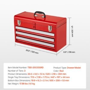metal tool box, 20.5 inch, portable metal tool box with 3 drawers, small tool chest with eva liners, ball bearing slide drawers locking & powder coated finish, multi function tool organizer, red