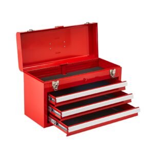 metal tool box, 20.5 inch, portable metal tool box with 3 drawers, small tool chest with eva liners, ball bearing slide drawers locking & powder coated finish, multi function tool organizer, red