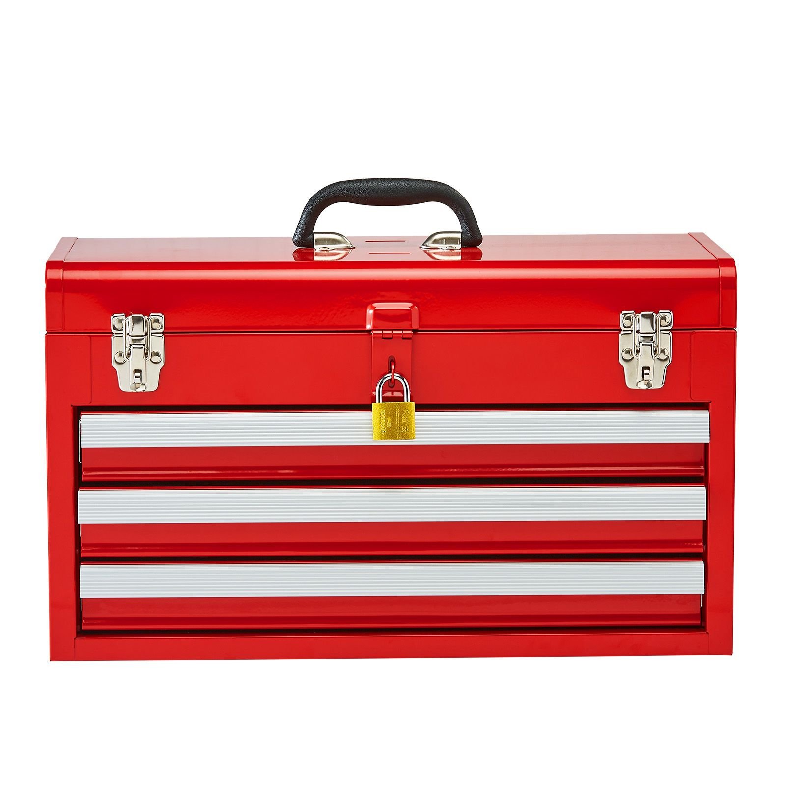 metal tool box, 20.5 inch, portable metal tool box with 3 drawers, small tool chest with eva liners, ball bearing slide drawers locking & powder coated finish, multi function tool organizer, red