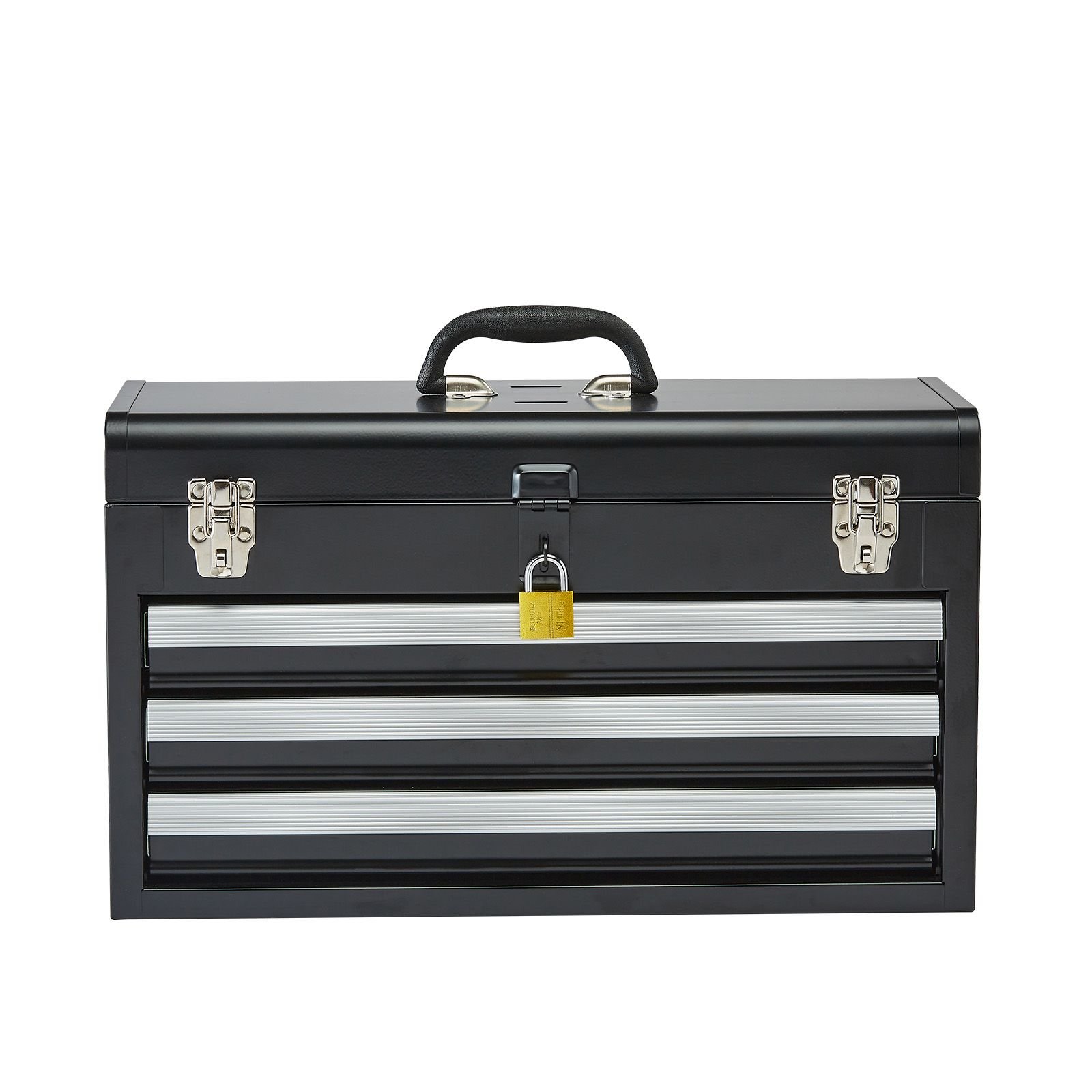metal tool box, 20.5 inch, portable metal tool box with 3 drawers, small tool chest with eva liners, ball bearing slide drawers locking & powder coated finish, multi function tool organizer