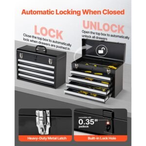 metal tool box, 20.5 inch, portable metal tool box with 4 drawers, small tool chest with eva liners, ball bearing slide drawers locking & powder coated finish, multi function tool organizer