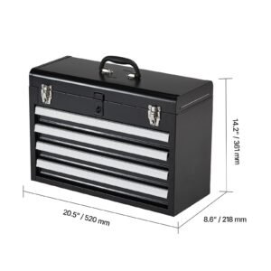 metal tool box, 20.5 inch, portable metal tool box with 4 drawers, small tool chest with eva liners, ball bearing slide drawers locking & powder coated finish, multi function tool organizer
