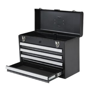 metal tool box, 20.5 inch, portable metal tool box with 4 drawers, small tool chest with eva liners, ball bearing slide drawers locking & powder coated finish, multi function tool organizer