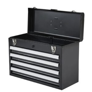 metal tool box, 20.5 inch, portable metal tool box with 4 drawers, small tool chest with eva liners, ball bearing slide drawers locking & powder coated finish, multi function tool organizer