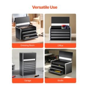 metal tool box, 8.6 inch, portable metal tool box with 3 drawers, small tool chest with eva liners and pp feet pads, heavy duty steel with ball bearing opening and powder coated finish, black