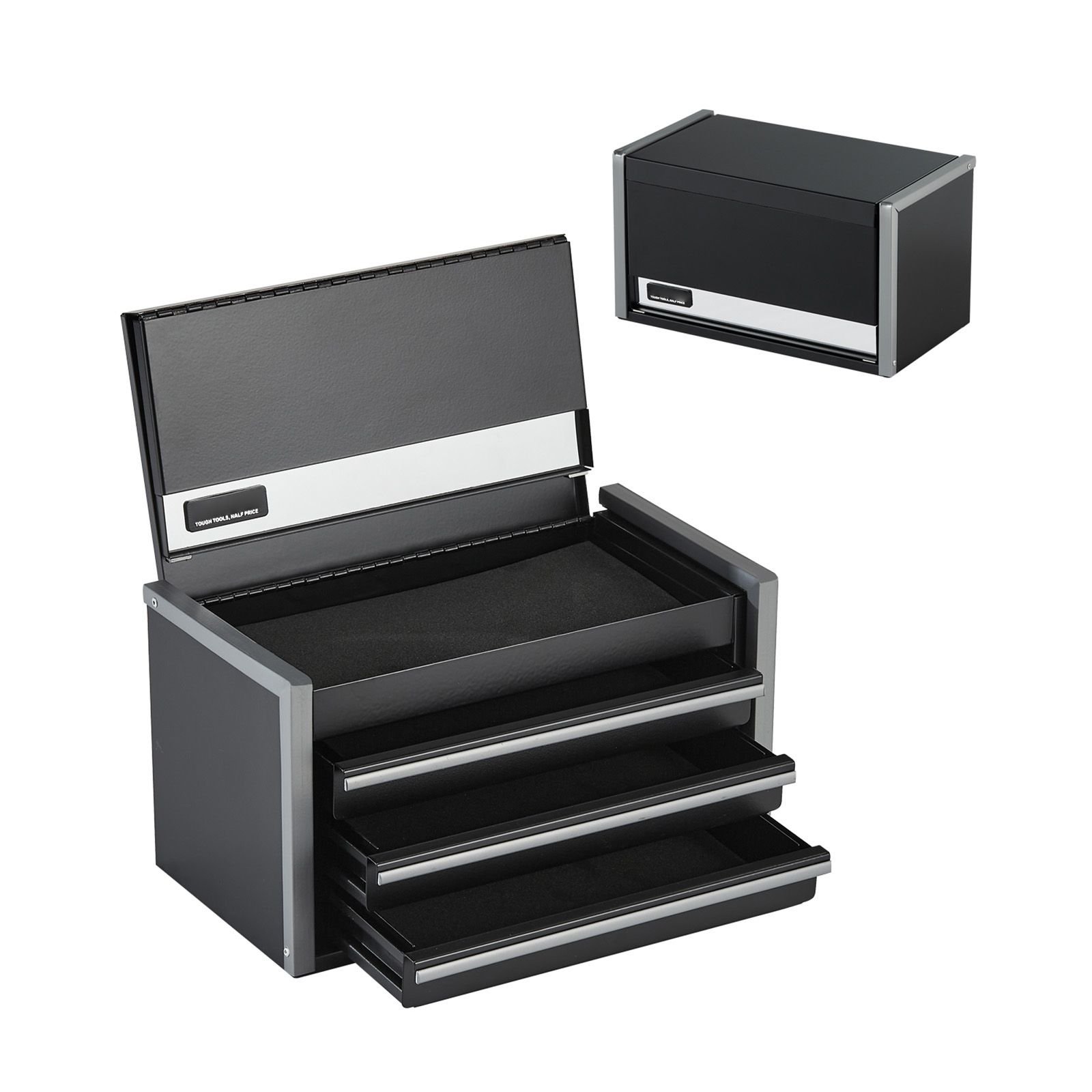 metal tool box, 8.6 inch, portable metal tool box with 3 drawers, small tool chest with eva liners and pp feet pads, heavy duty steel with ball bearing opening and powder coated finish, black