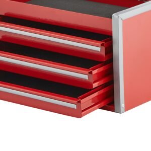 metal tool box, 8.6 inch, portable metal tool box with 3 drawers, small tool chest with eva liners and pp feet pads, heavy duty steel with ball bearing opening and powder coated finish, red