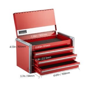 metal tool box, 8.6 inch, portable metal tool box with 3 drawers, small tool chest with eva liners and pp feet pads, heavy duty steel with ball bearing opening and powder coated finish, red