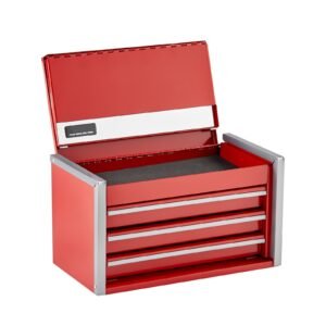 metal tool box, 8.6 inch, portable metal tool box with 3 drawers, small tool chest with eva liners and pp feet pads, heavy duty steel with ball bearing opening and powder coated finish, red