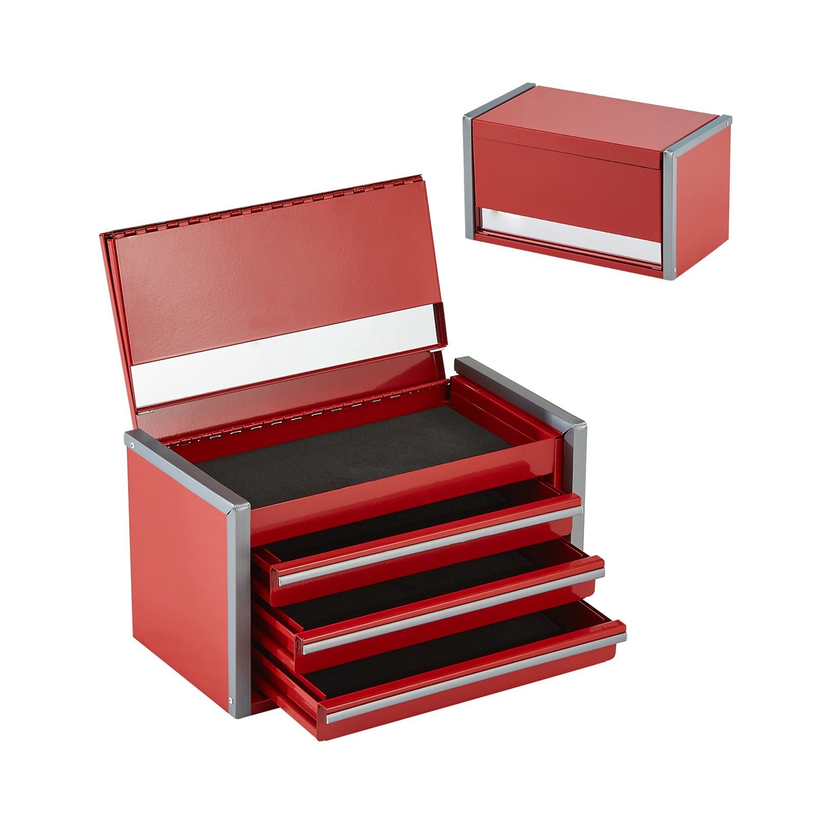 metal tool box, 8.6 inch, portable metal tool box with 3 drawers, small tool chest with eva liners and pp feet pads, heavy duty steel with ball bearing opening and powder coated finish, red