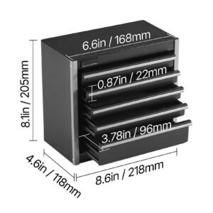 metal tool box, 8.6 inch, portable metal tool box with 5 drawers, small tool chest with eva liners and pp feet pads, heavy duty steel with ball bearing opening and powder coated finish, black