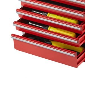 metal tool box, 8.6 inch, portable metal tool box with 5 drawers, small tool chest with eva liners and pp feet pads, heavy duty steel with ball bearing opening and powder coated finish, red