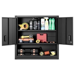 metal wall cabinet, 30w x 12.01d x 30h inch, steel floating hanging storage cabinet with locking doors and adjustable shelf for garage, basement, kitchen, warehouse assembly required, black