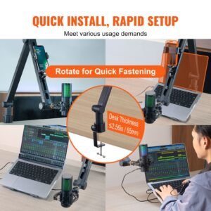 microphone boom arm with desk mount, 360° rotatable, adjustable mic stand with 3/8" to 5/8" adapter port, for recording blue yeti hyperx quadcast blue snowball shure sm7b audio technica