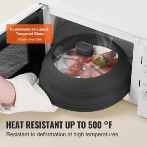 microwave splatter cover & mat, 10.8" collapsible microwave lid for food, 500 fahrenheit heat resistant silicone & tempered glass splatter guard