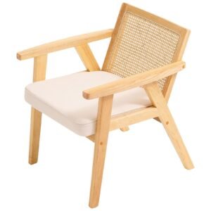 mid century modern rattan chair, upholstered velvet accent chair with rattan back, retro living room chair for living room, bedroom, reading room, and office, beige