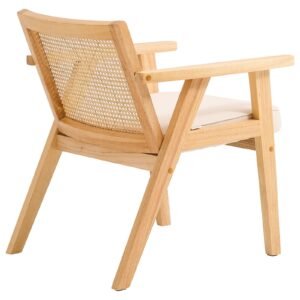 mid century modern rattan chair, upholstered velvet accent chair with rattan back, retro living room chair for living room, bedroom, reading room, and office, beige