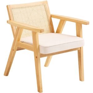 Mid Century Modern Rattan Chair, Upholstered Velvet Accent Chair with Rattan Back, Retro Living Room Chair for Living Room, Bedroom, Reading Room, and Office, Beige